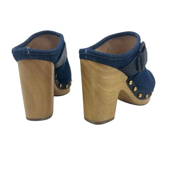 Veronica‎ Beard Dacey Denim Clogs Heels Studded Buckle Wood Blue Size 6 - Picture 9 of 13